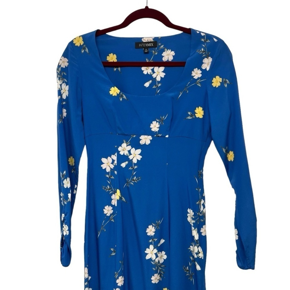 Intermix Mariabella Blue Silk Floral Long Sleeve Scoop Neck Dress Women’s 0 - Picture 6 of 12